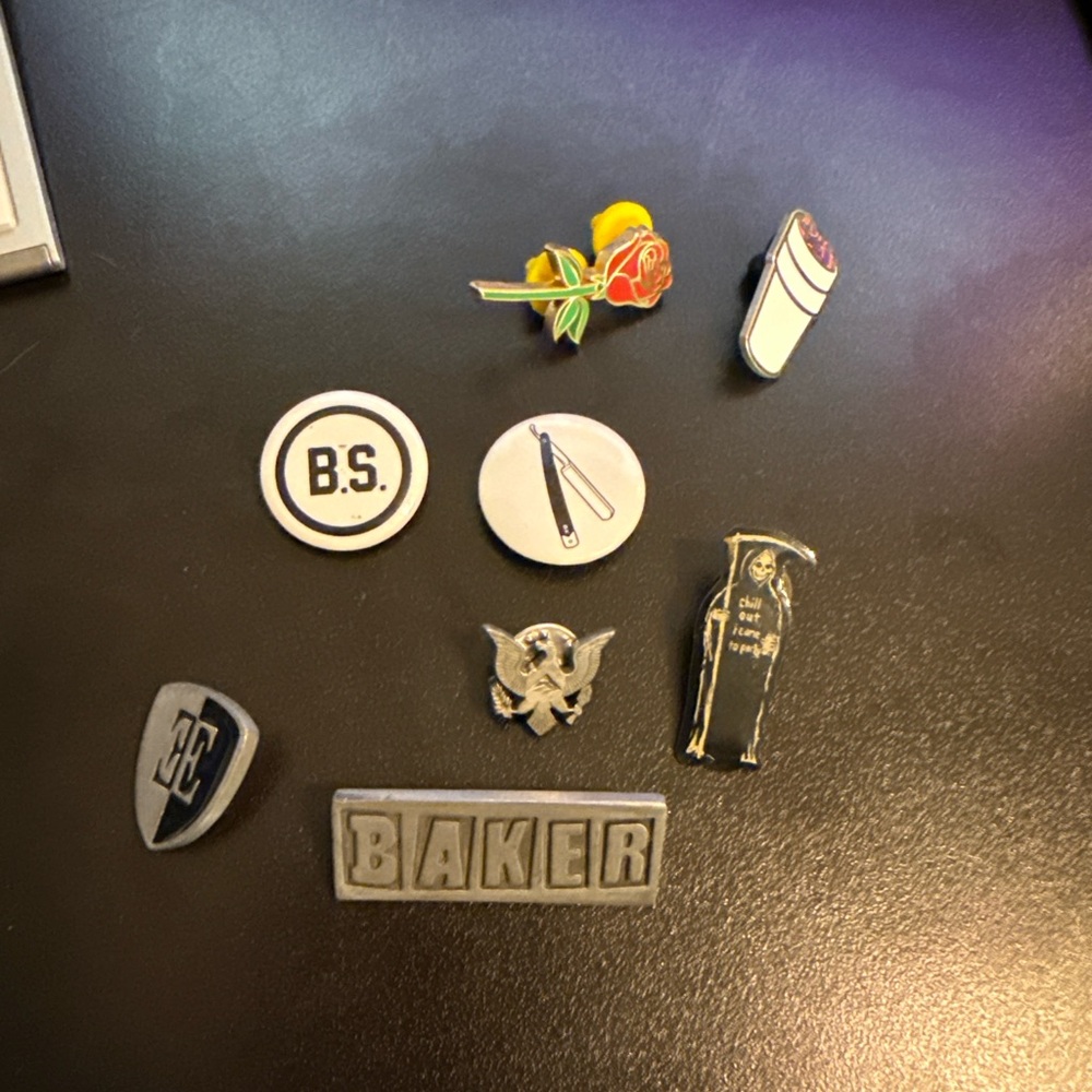 Assorted Skatboarding Vintage Pins  (EMERICA, BAKER, GRAVIS, UNIF, PINTRILL)